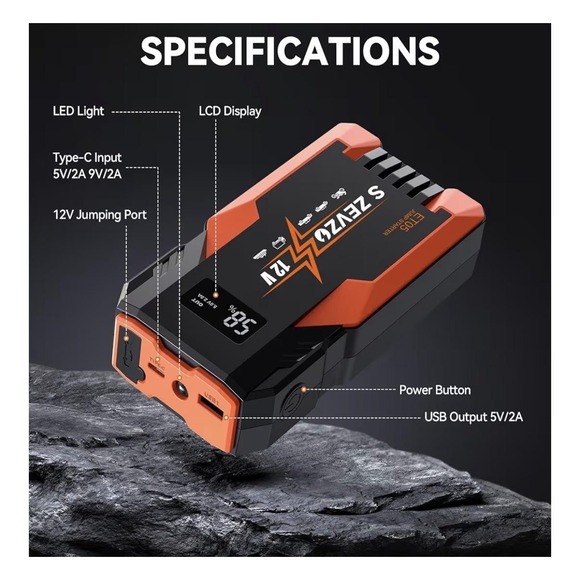 S ZEVZO ET05 3000A 12V Jump Starter Power Bank USB 7L Gas 5.5L Diesel Booster - Picture 6 of 16